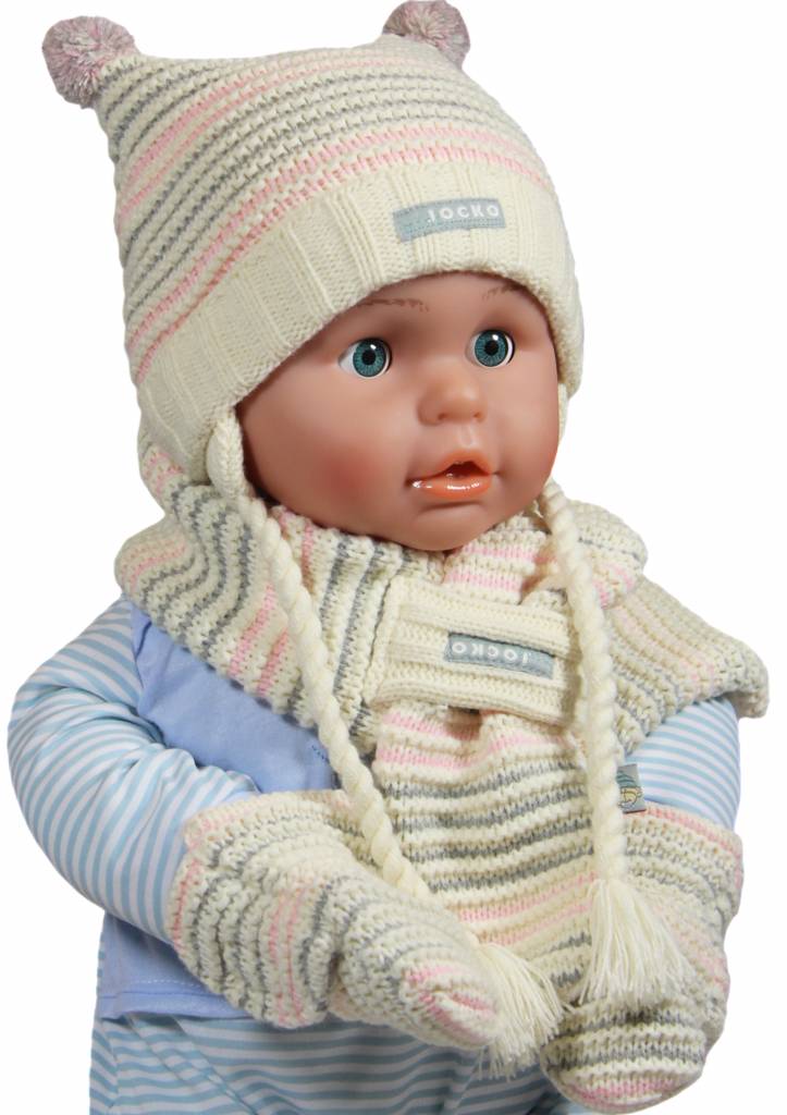Baby muts - sjaal en wantjes pompon ecru/roze