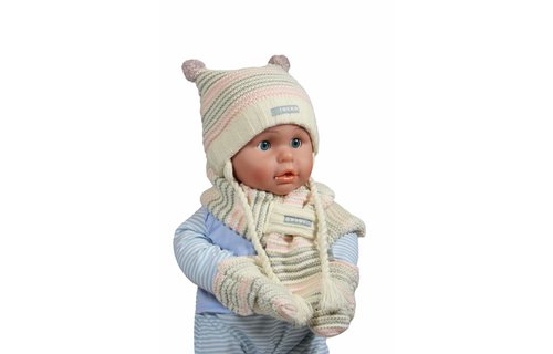 Baby muts - sjaal en wantjes pompon ecru/roze