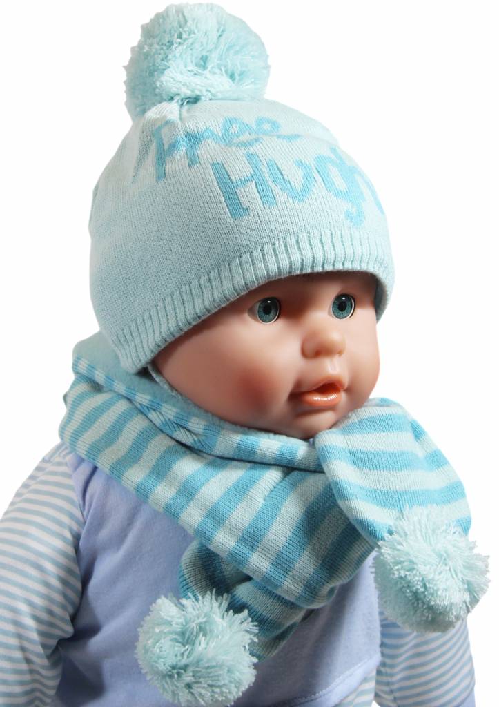 Baby muts en sjaal pompom "Free Hughs" mint