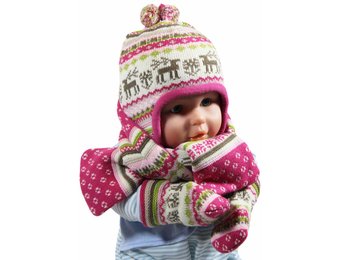 Babymuts , sjaal en wantjes Elandmotief roze