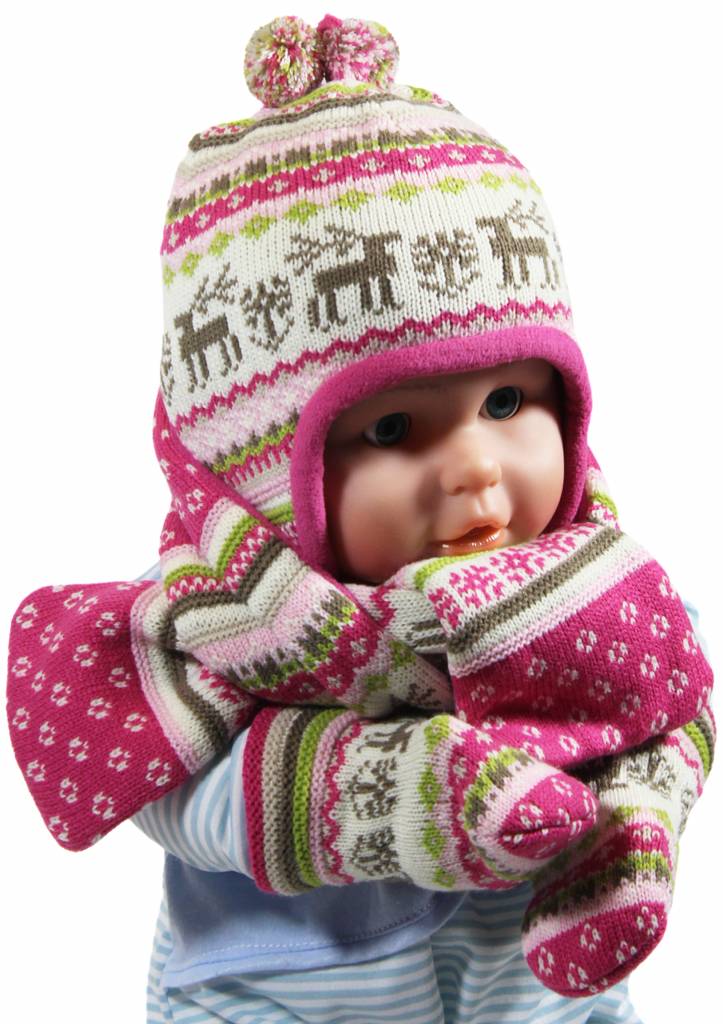 Babymuts , sjaal en wantjes Elandmotief roze
