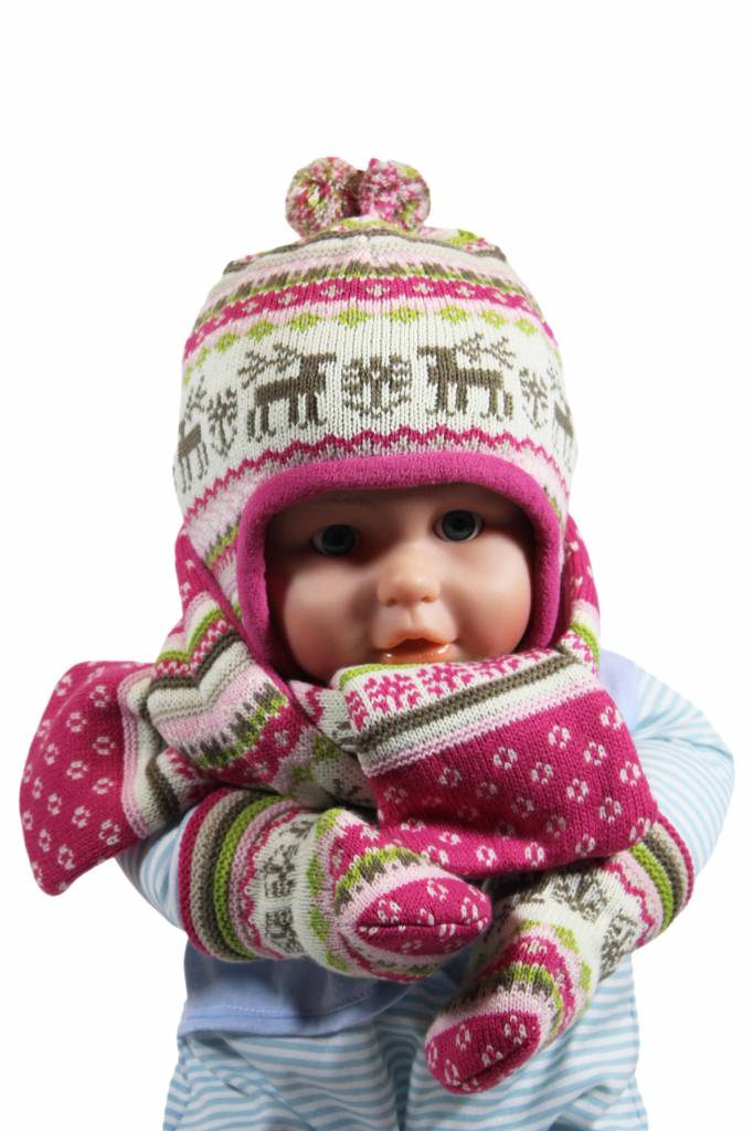 Babymuts , sjaal en wantjes Elandmotief roze Babymuts , sjaal en wantjes Elandmotief roze