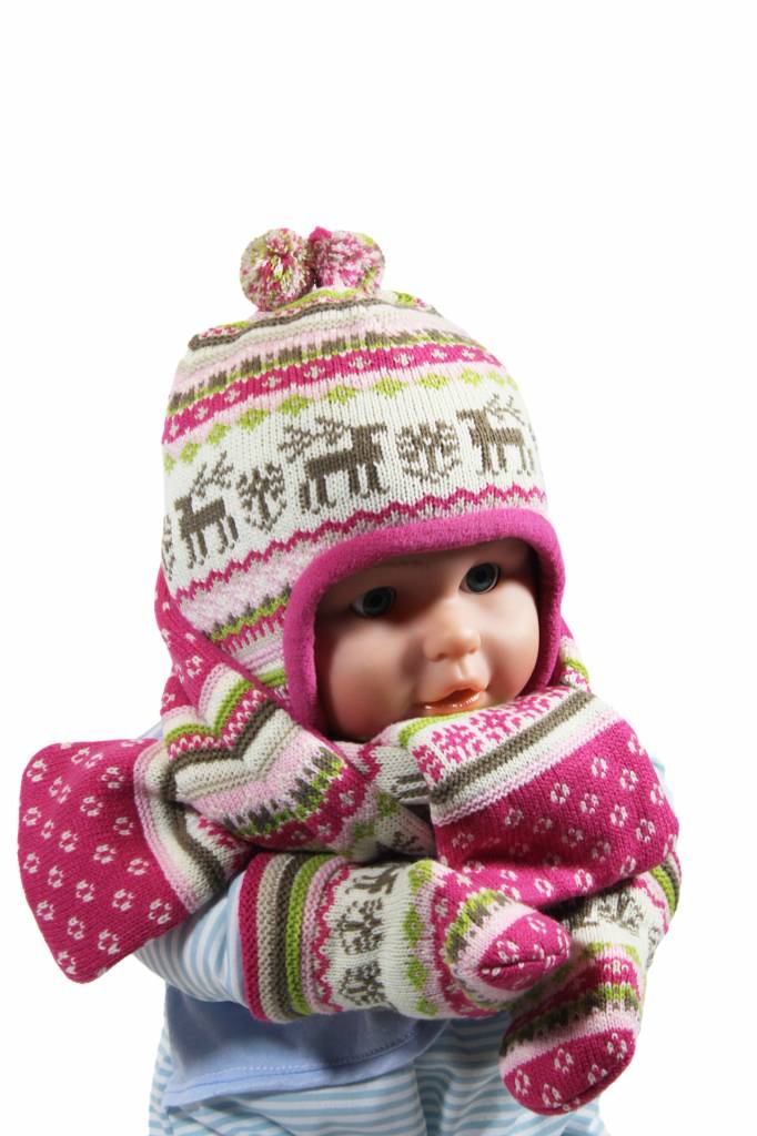 Babymuts , sjaal en wantjes Elandmotief roze Babymuts , sjaal en wantjes Elandmotief roze