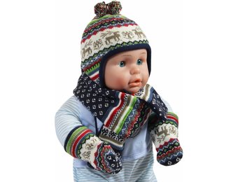 Babymuts , sjaal en wantjes Elandmotief blauw