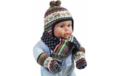 Babymuts , sjaal en wantjes Elandmotief blauw