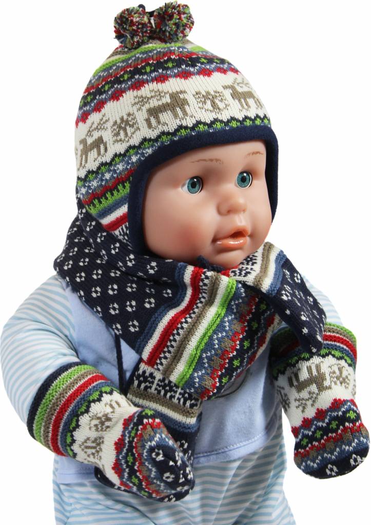 Babymuts , sjaal en wantjes Elandmotief blauw