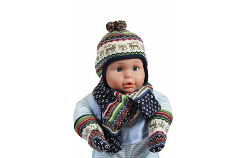 Babymuts , sjaal en wantjes Elandmotief blauw