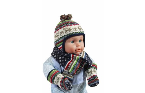 Babymuts , sjaal en wantjes Elandmotief blauw