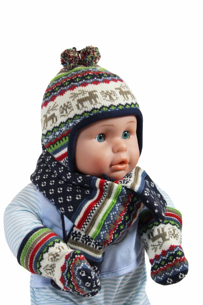 Babymuts , sjaal en wantjes Elandmotief blauw