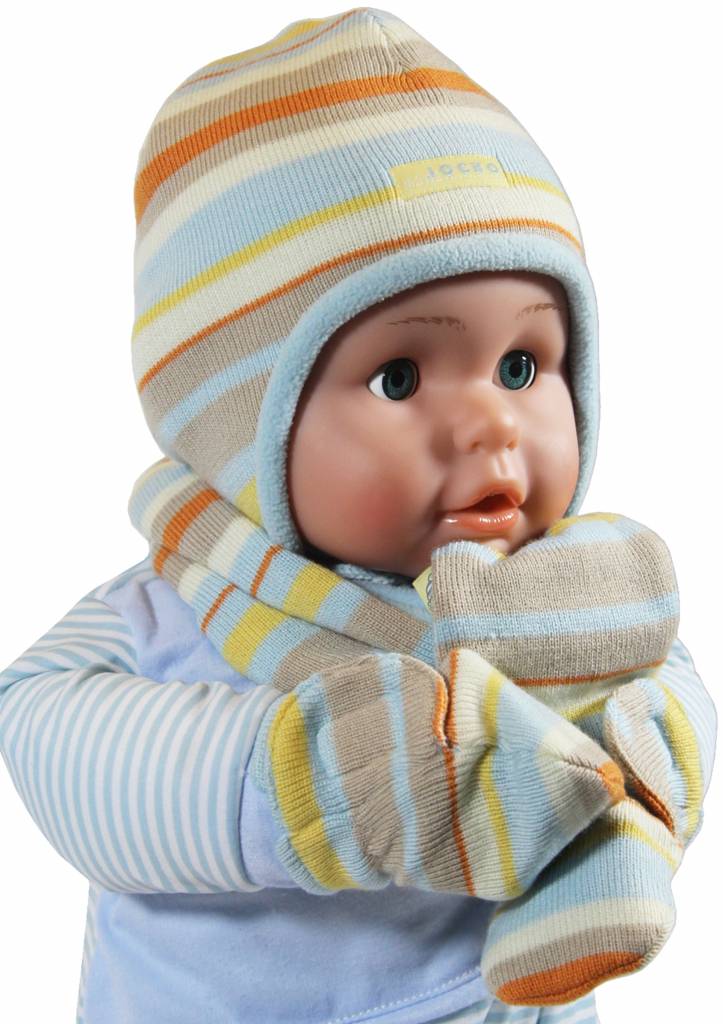 Babymuts , sjaal en wantjes gestreept