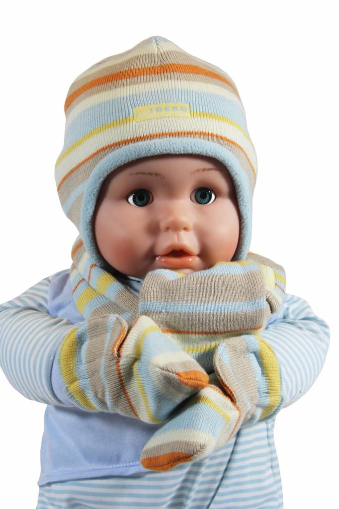 Babymuts , sjaal en wantjes gestreept Babymuts , sjaal en wantjes gestreept