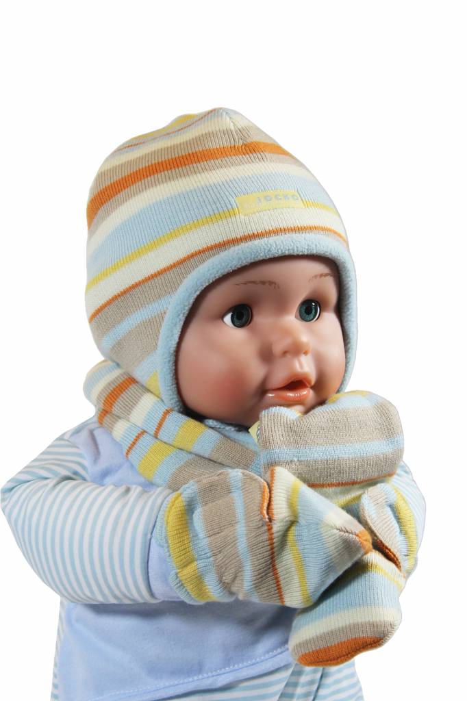 Babymuts , sjaal en wantjes gestreept Babymuts , sjaal en wantjes gestreept