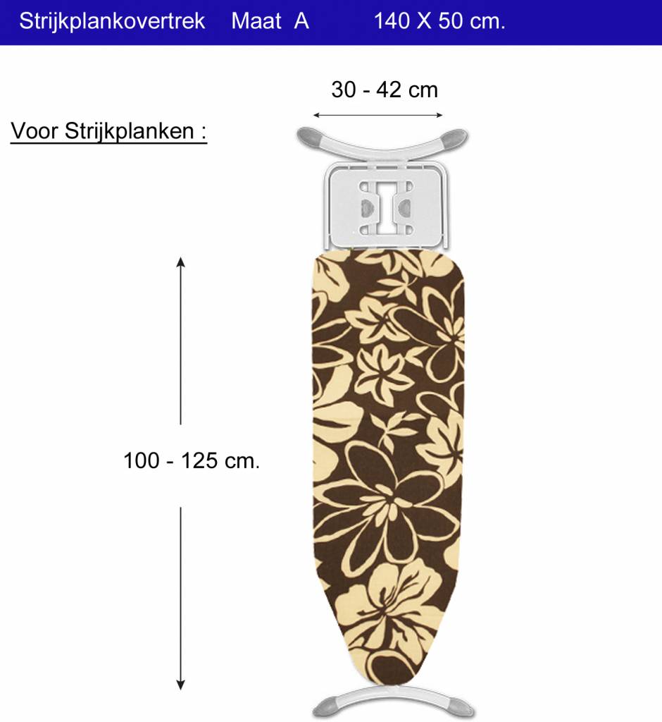 Strijkplankovertrek 3 lagen maat A Bruin/witte bloemmotief Strijkplankovertrek 3 lagen maat A Bruin/witte bloemmotief