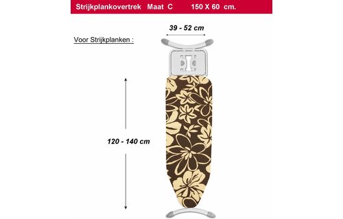Strijkplankovertrek 3 lagen maat C Bruin/witte bloemmotief