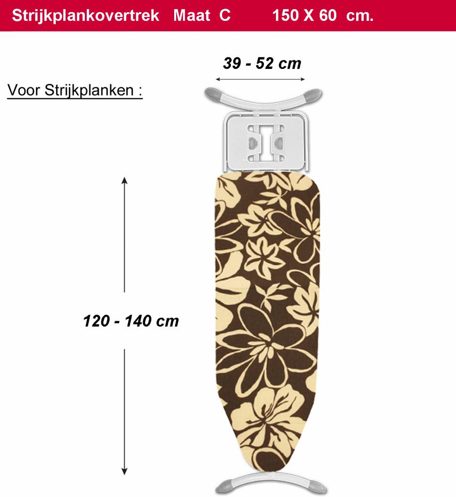 Strijkplankovertrek 3 lagen maat C Bruin/witte bloemmotief