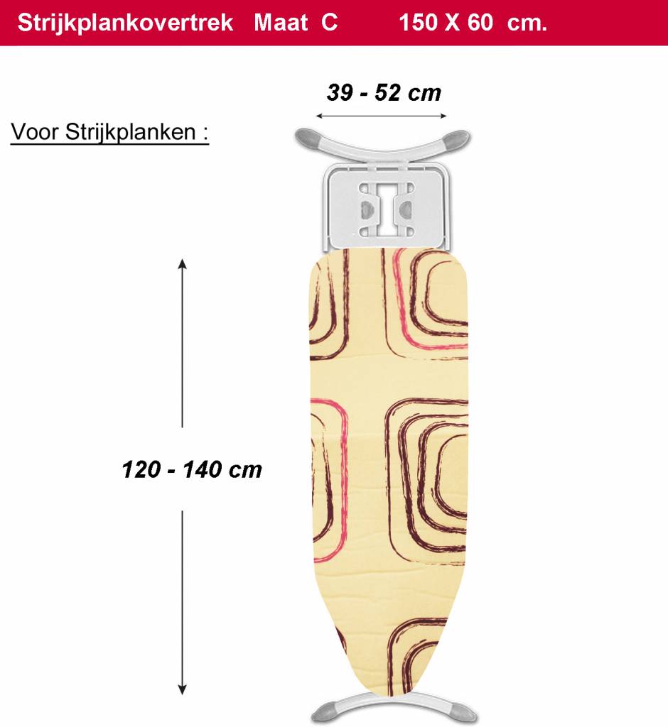 Strijkplankovertrek 3 lagen maat C wit/mauve vierkant
