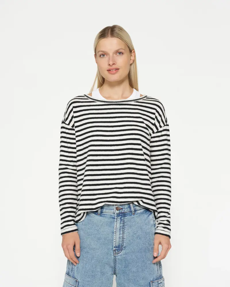 10Days Longsleeve Tee Linen Stripes Ecru/Black