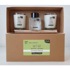 Gift set kaarsen en geurstokjes Rozemarijn & Watermunt