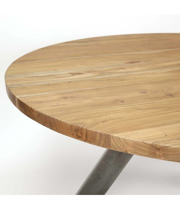 Duverger® Eettafel - rond dia 120cm - 38mm dik massief acacia blad - 3-poots kruisframe - zwart geschuurd RVS