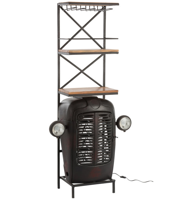 Duverger® Tractor - Meuble bar - noir - métal - 3 étagères en bois - porte-verres suspendu