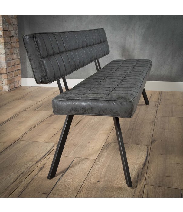 Duverger® Retro - banc de salle à manger - L 180cm - PU wax avec coutures croisées - noir - dossier ouvert