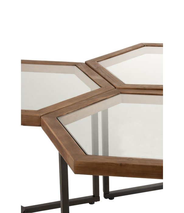 Duverger® Honeycomb - Bijzettafels - set van 3 - hexagonaal - glas blad - houten rand - metalen frame