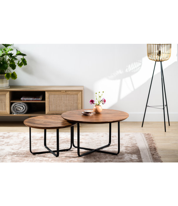 Duverger® Cross Scandinavian - Tables basses - set of 2 - rond - acacia - naturel - pieds en acier - plissé