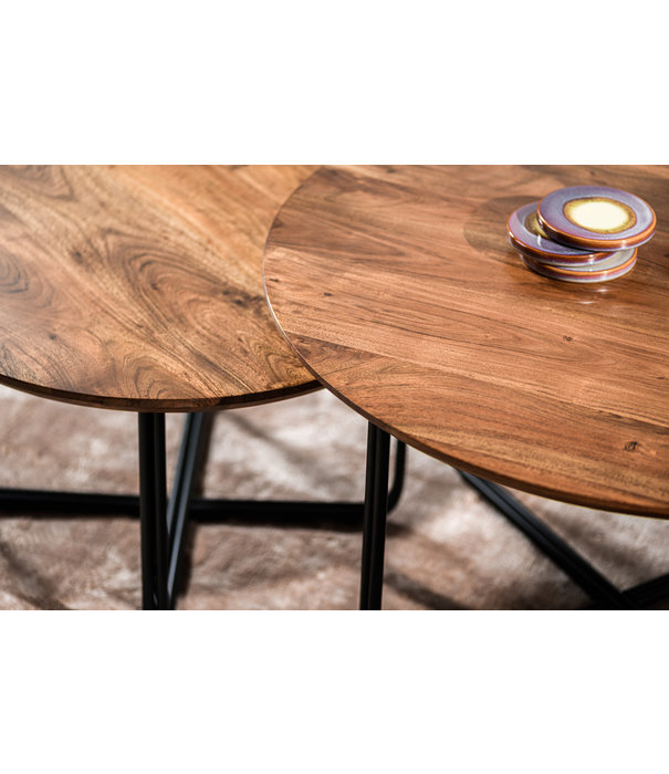 Duverger® Cross Scandinavian - Salontafels - set van 2 - rond - acacia - naturel - stalen poten - geplooid