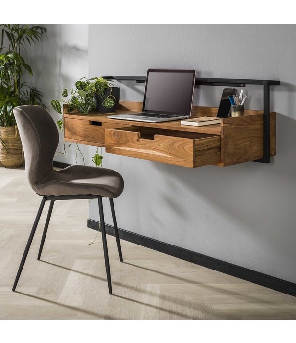 Duverger® Floating - Bureau mural - 2 tiroirs - acacia massif - naturel - structure métallique - noir