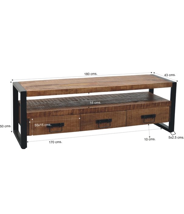 Duverger® Robust - TV-Schrank - 180cm - 3 Schubladen - 1 Nische - Mangoholz natur - Stahl