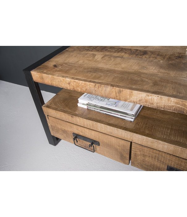 Duverger® Robust - Meuble TV - 180cm - 3 tiroirs - 1 niche - bois de manguier naturel - acier