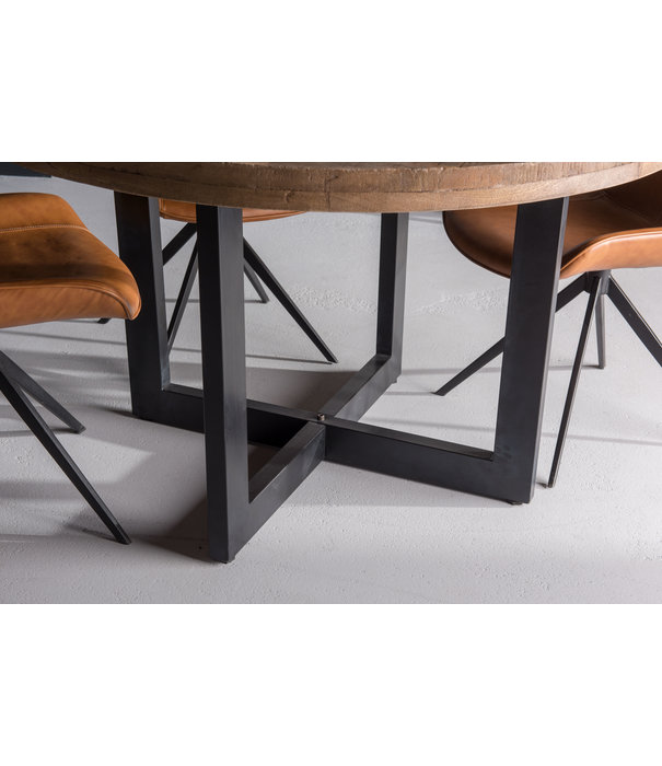Duverger® Robust - Table de repas - 150cm - bois de manguier naturel - acier laqué noir - pieds en U - rond