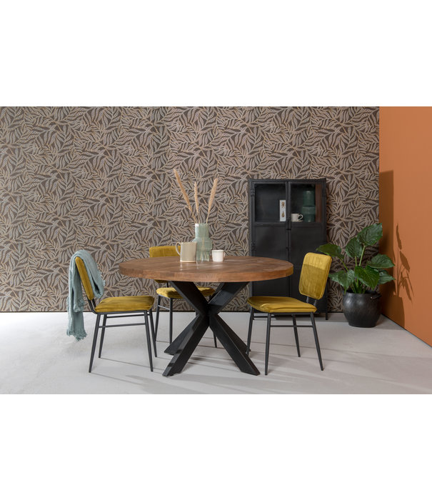 Duverger® Omerta - Table de salle à manger - ronde - 130cm - bois de manguier - naturel - pied Spider en acier - laqué noir