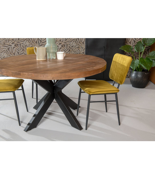 Duverger® Omerta - Table de salle à manger - ronde - 130cm - bois de manguier - naturel - pied Spider en acier - laqué noir