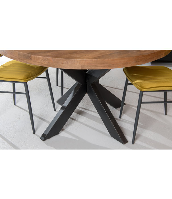 Duverger® Omerta - Table de salle à manger - ronde - 130cm - bois de manguier - naturel - pied Spider en acier - laqué noir