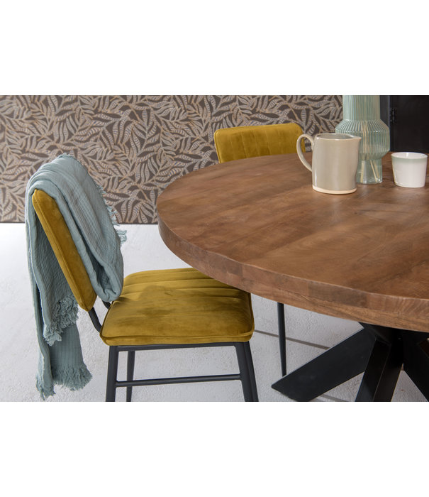 Duverger® Omerta - Table de salle à manger - ronde - 150cm - bois de manguier - naturel - pied Spider en acier - laqué noir