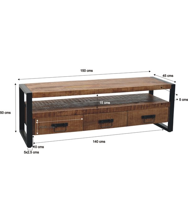 Duverger® Robust - TV-Schrank - 150cm - 3 Schubladen - 1 Nische - Mangoholz natur - Stahl