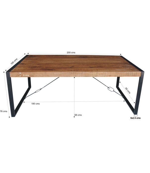 Duverger® Robust - Eettafel - 200cm - mangohout naturel - zwart gecoat staal - rechthoekig