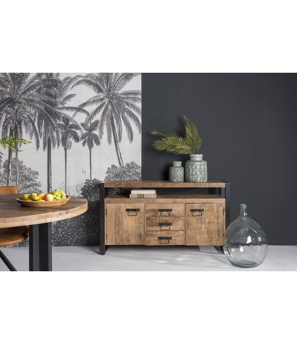 Duverger® Robust - Buffet - 3 tiroirs - 2 portes - 1 niche - bois de manguier naturel - acier