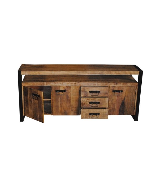 Duverger® Robust - Sideboard - 3 Schubladen - 3 Türen - 1 Nische - Mangoholz natur - Stahl