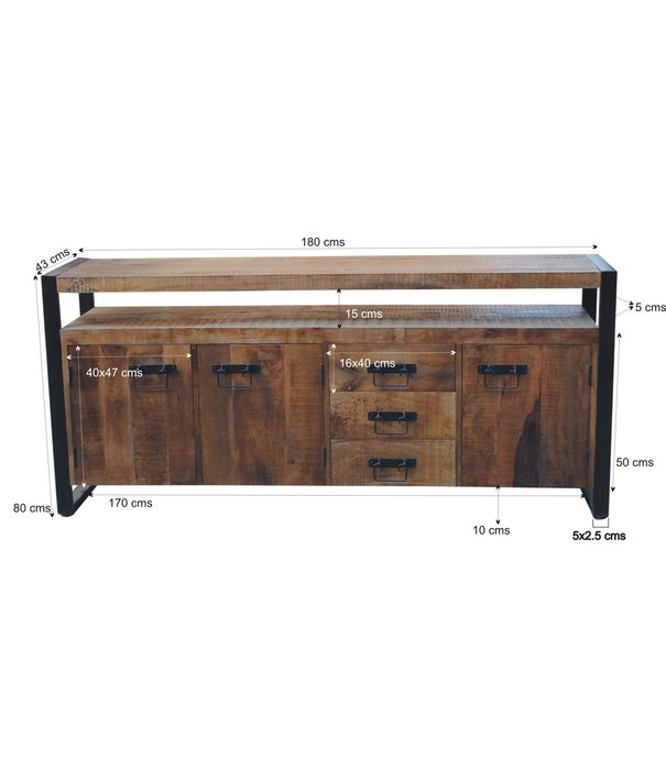 Duverger® Robust - Sideboard - 3 Schubladen - 3 Türen - 1 Nische - Mangoholz natur - Stahl