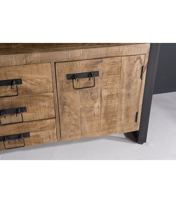 Duverger® Robust - Sideboard - 3 Schubladen - 3 Türen - 1 Nische - Mangoholz natur - Stahl