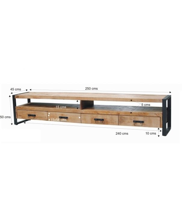 Duverger® Robust - Meuble TV - 250cm - 4 tiroirs - 2 niches - manguier naturel - acier