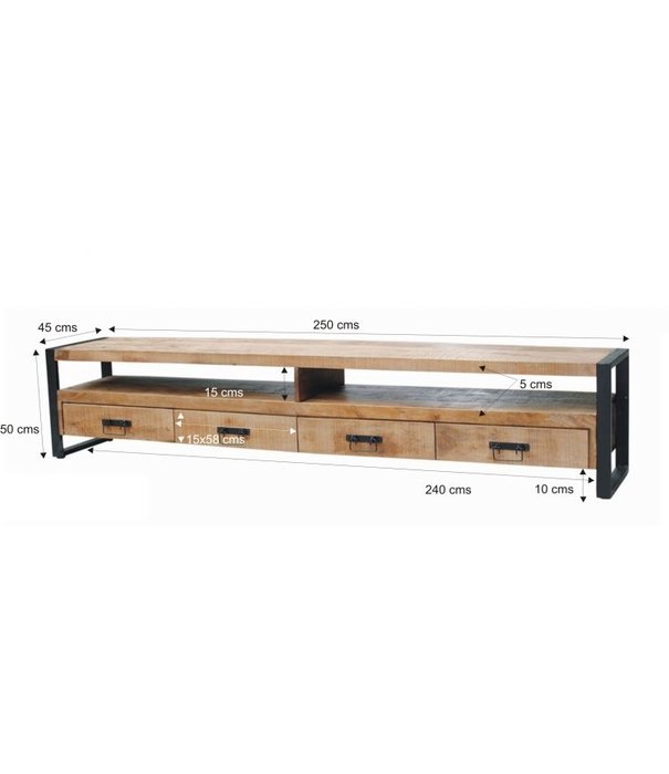 Duverger® Robust - TV-Schrank - 250cm - 4 Schubladen - 2 Nischen - Mangoholz natur - Stahl