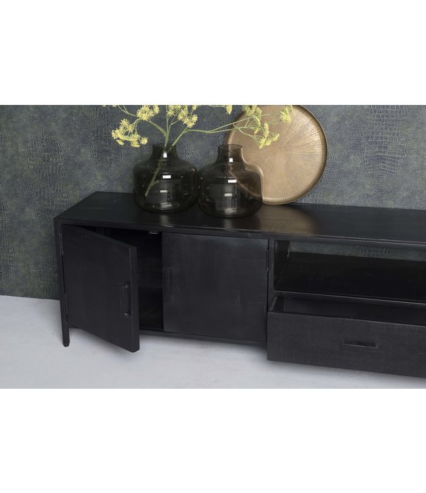 Duverger® Black Omerta - Meuble TV - 220cm - mangue - noir - 4 portes - 1 tiroir - 1 niche - châssis acier