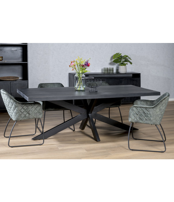 Duverger® Black Omerta - Table de salle à manger - mangue - noir - rectangle - 200cm - pied araignée en acier - laqué noir