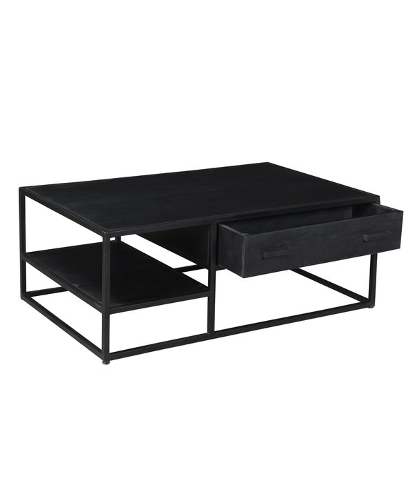 Duverger® Black Omerta - Couchtisch - Mango - Schwarz - Natur - 2 Schubladen - 1 Nische - Stahlgestell