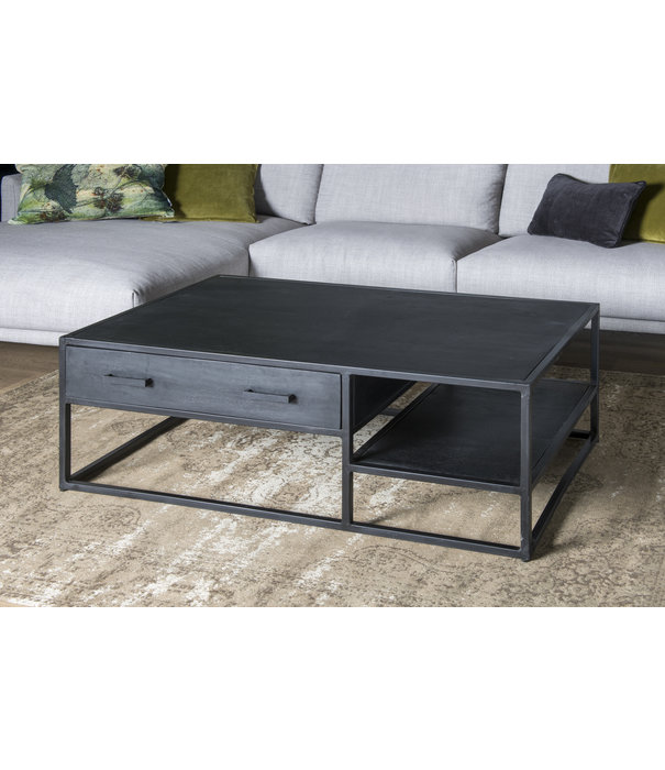 Duverger® Black Omerta - Table basse - mangue - noir - naturel - 2 tiroirs - 1 niche - châssis acier