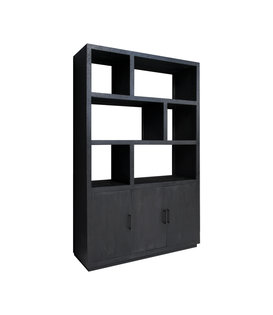 Black Omerta - Bibliotheekkast - mango - zwart - naturel - 3 deuren - 6 nissen - stalen frame