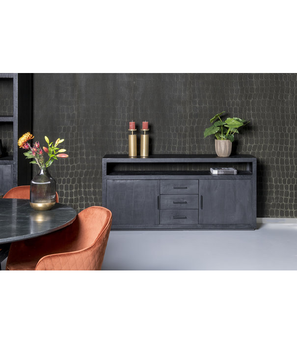 Duverger® Black Omerta - Buffet - mangue - noir - 2 portes - 3 tiroirs - 1 niche - châssis acier - laqué noir